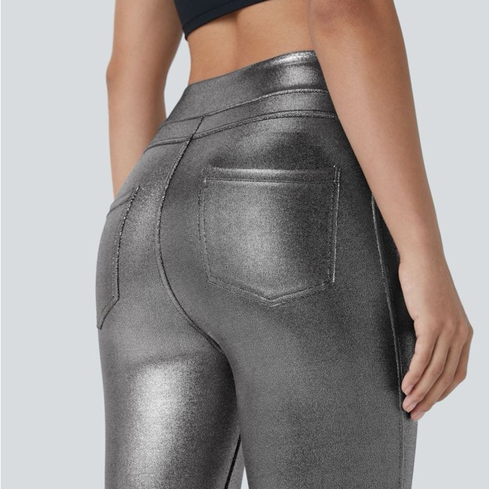 Halara SoftlyZero Faux Leather High Waisted Pocket Work Leggings Medium Silver - Picture 5 of 9